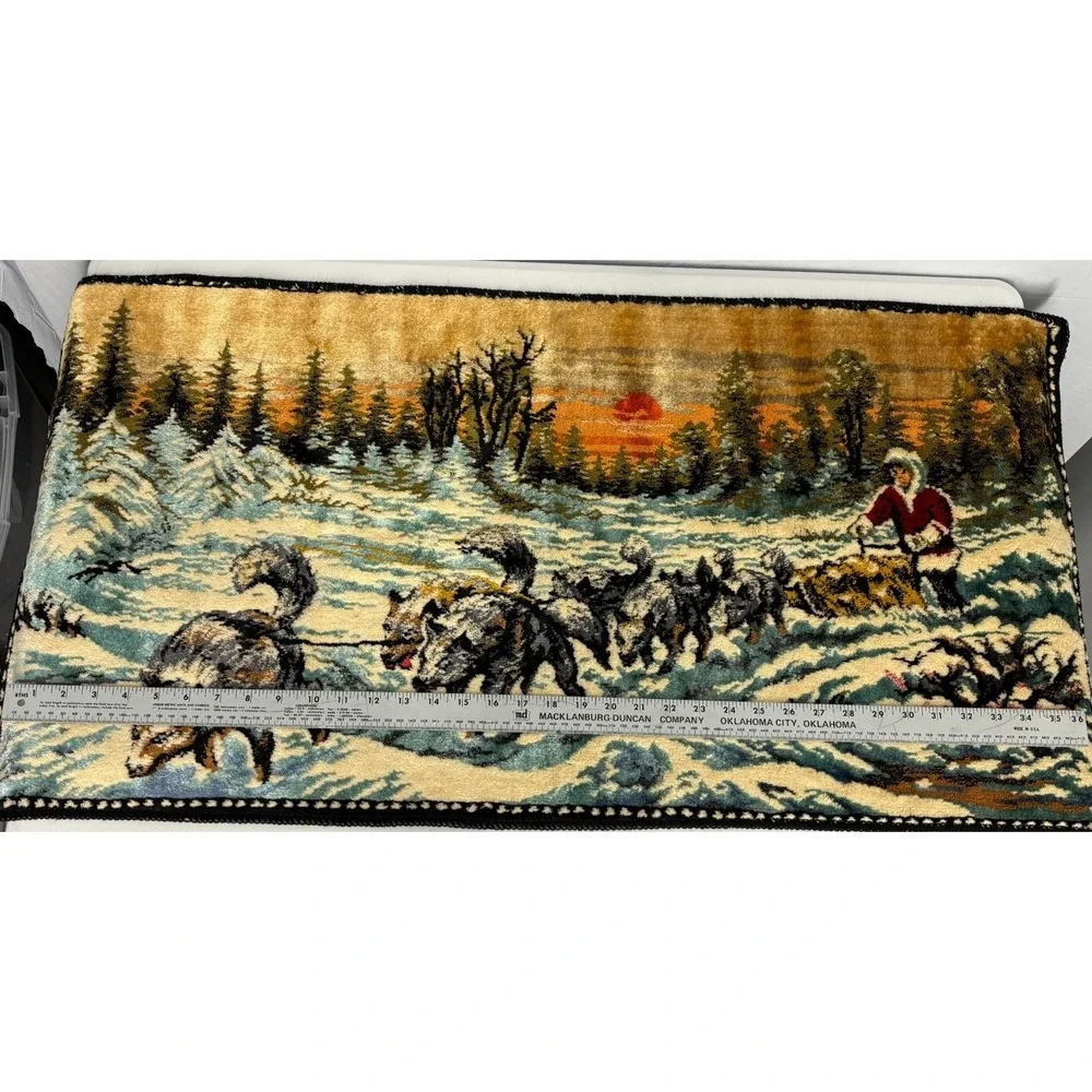 Vintage‎ Rug Italian Woven Plush Velvet Alaskan Husky Tapestry Dogsled Clean